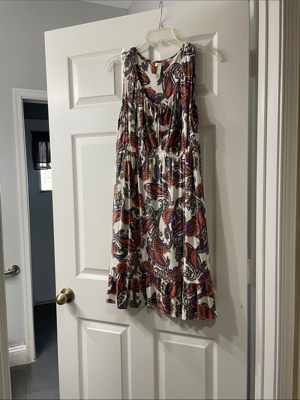 Sleeveless White Paisley Print Sundress with Purple and Orange Accents by Soma L